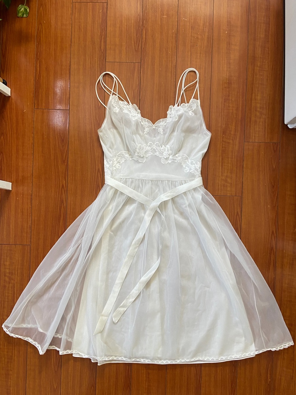 Vintage Vanity Fair Whimsy Sheer White Lace-Trim Slip Chemise with Tie Waist